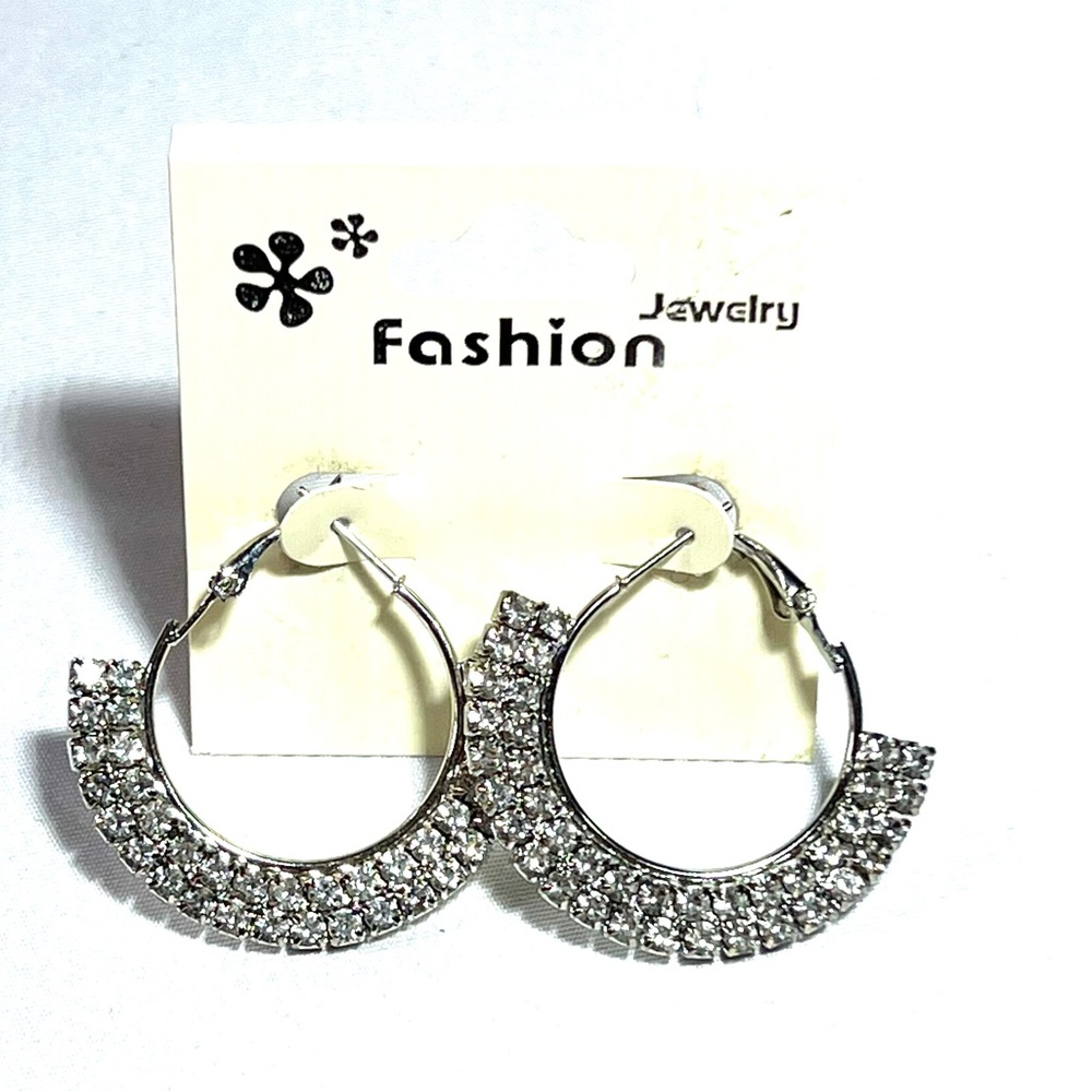 Beautiful Cubic Rhinestone Silver Hoop Earrings